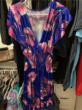 Blue & Pink Floral V-Neck Midi Dress